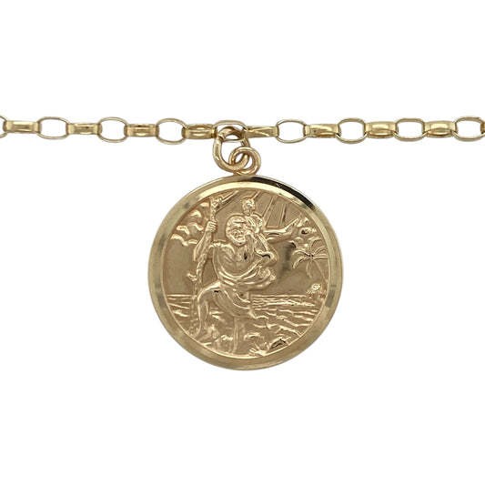 This pre-owned 9ct yellow gold St Christopher pendant necklace is a timeless piece, traditionally worn as a symbol of protection for travellers.
Design: Featuring a classic St Christopher pendant permanently attached to one of the links of an 18-inch belcher chain, this necklace offers a distinctive and secure design with a polished finish. The pendant measures approximately 2.6cm long including the bail, making it an eye-catching yet wearable everyday piece.
Material: Made from 9-carat yellow gold.