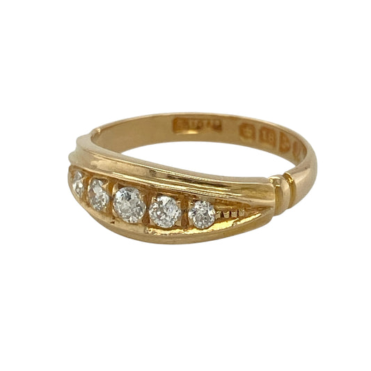This pre-owned 18ct yellow gold diamond five stone band ring is a timeless design, combining classic elegance with beautiful diamond sparkle.
Design: Featuring five sparkling diamonds set across the front of the band, this elegant ring offers a traditional style that never goes out of fashion. Measuring approximately 6mm wide across the front and containing approximately 0.28ct of total diamond content, it is an excellent choice as an anniversary ring, wedding band or sophisticated everyday piece.