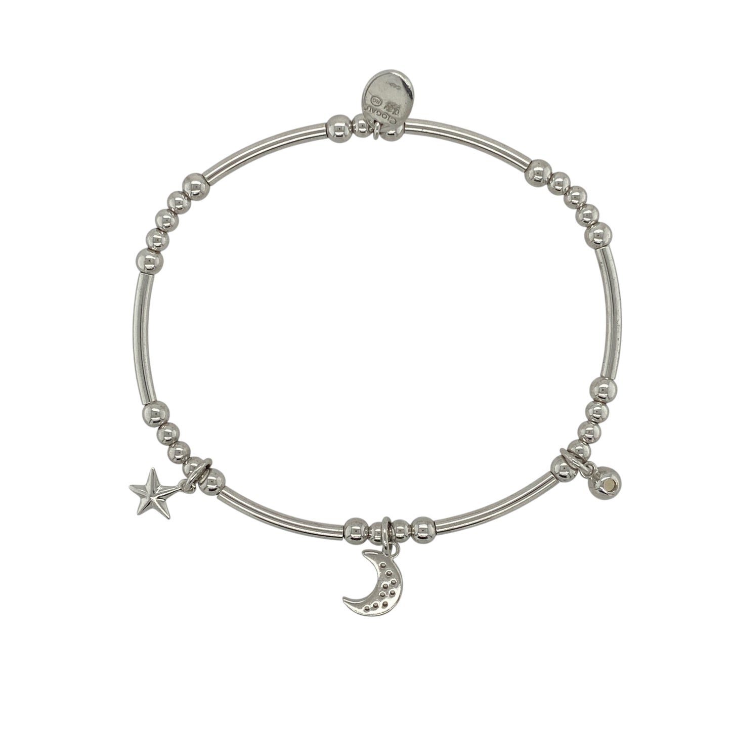 This pre-owned Clogau moon and star stretchy bracelet is a charming two-tone design, combining 925 silver with 9ct rose gold and white topaz detailing.
Design: Featuring a moon and star design with contrasting rose gold detailing and white topaz, this Clogau stretchy bracelet has a distinctive celestial-inspired style.
Material: Made from 925 sterling silver with 9-carat rose gold detailing.
Gemstone Detail: Set with white topaz.
Bracelet Detail: Stretchy bracelet featuring a moon and star design.