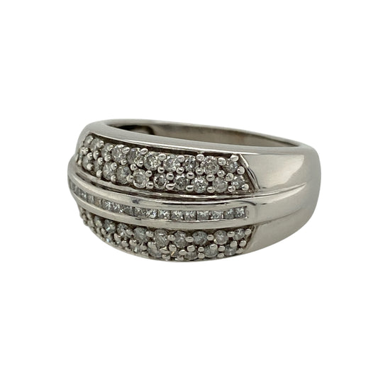 This pre-owned 9ct white gold diamond wide band ring is a bold stone-set design, featuring diamond detailing across the front.
Design: Featuring a wide band design with diamond detailing, this ring has a bold profile finished in 9ct white gold.
Material: Made from 9-carat white gold.
Gemstone Detail: Set with diamonds.
Ring Detail: Front of the band measures approximately 9mm wide.
Size & Weight: Ring size L. Total weight 5.30 grams.