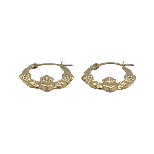 New 9ct Yellow Gold Round Claddagh Creole Earrings with the weight 0.50 grams and approx 1.7cm height by 1.4cm width