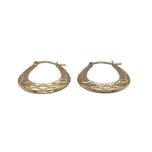 New 9ct Yellow Gold Victorian Style Patterned Oval Creole Earrings with the weight 1 gram and approx 2.7cm height by 2cm width