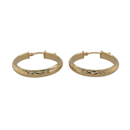 New 9ct Yellow Gold Diamond Cut Patterned Hoop Creole Earrings with the weight 1.60 grams and approx 2.5cm diameter