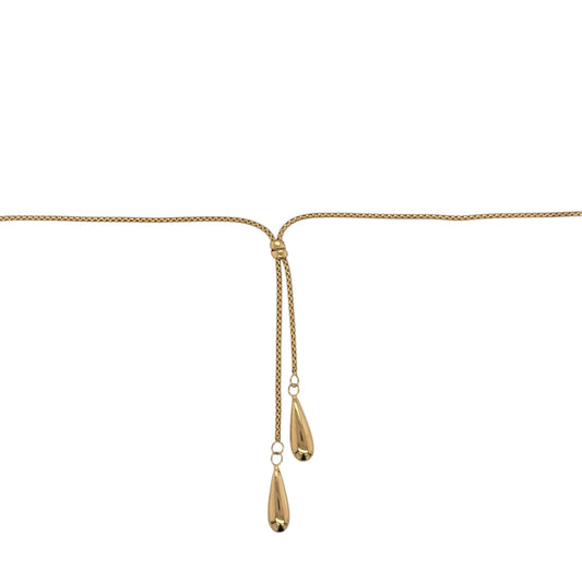 New 9ct Yellow Gold Tassel Drop 18" Necklace with the weight 3.80 grams and the teardrop shapes at the bottom are approx 14mm by 6mm