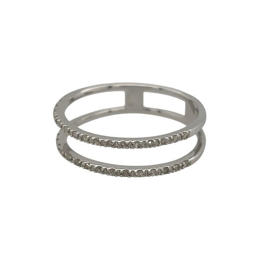 New 9ct White Gold & Diamond Double Band Dress Ring in various sizes with the approx weight 1.60 grams. There is 0.30ct of diamond content in the ring has approximate clarity i1 and colour H - I