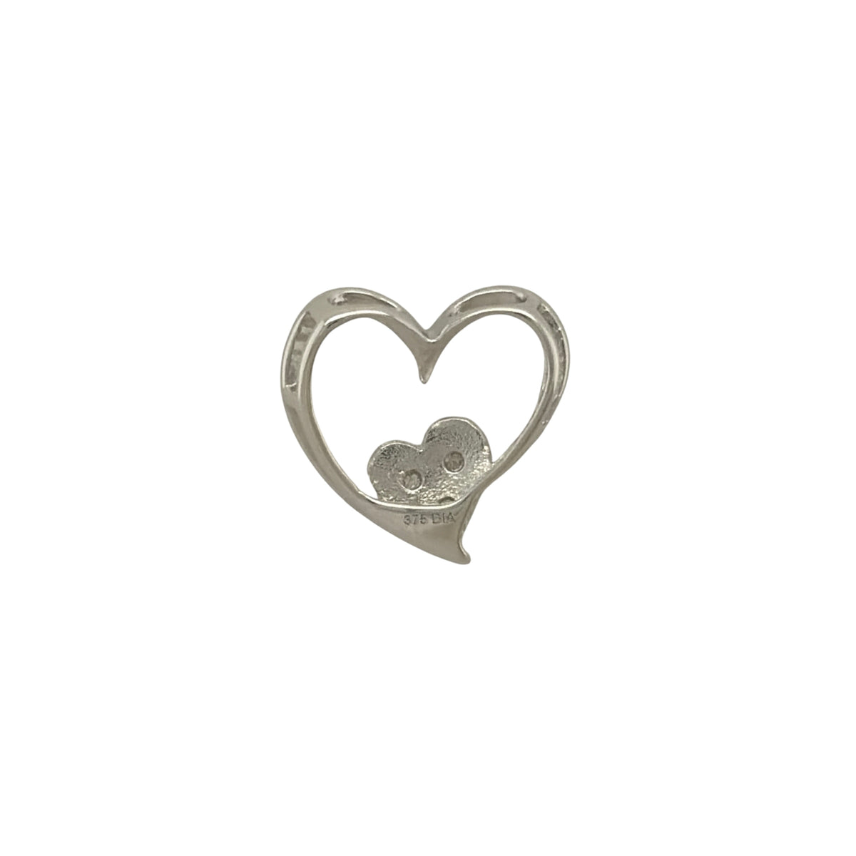 New 9ct White Gold & Diamond Double Heart Pendant with the weight 1.10 grams. The pendant is 11mm by 12mm including the bail. The pendant contains approximatley 0.02ct of diamond content in total with approximate clarity i2-13 and colour H - I