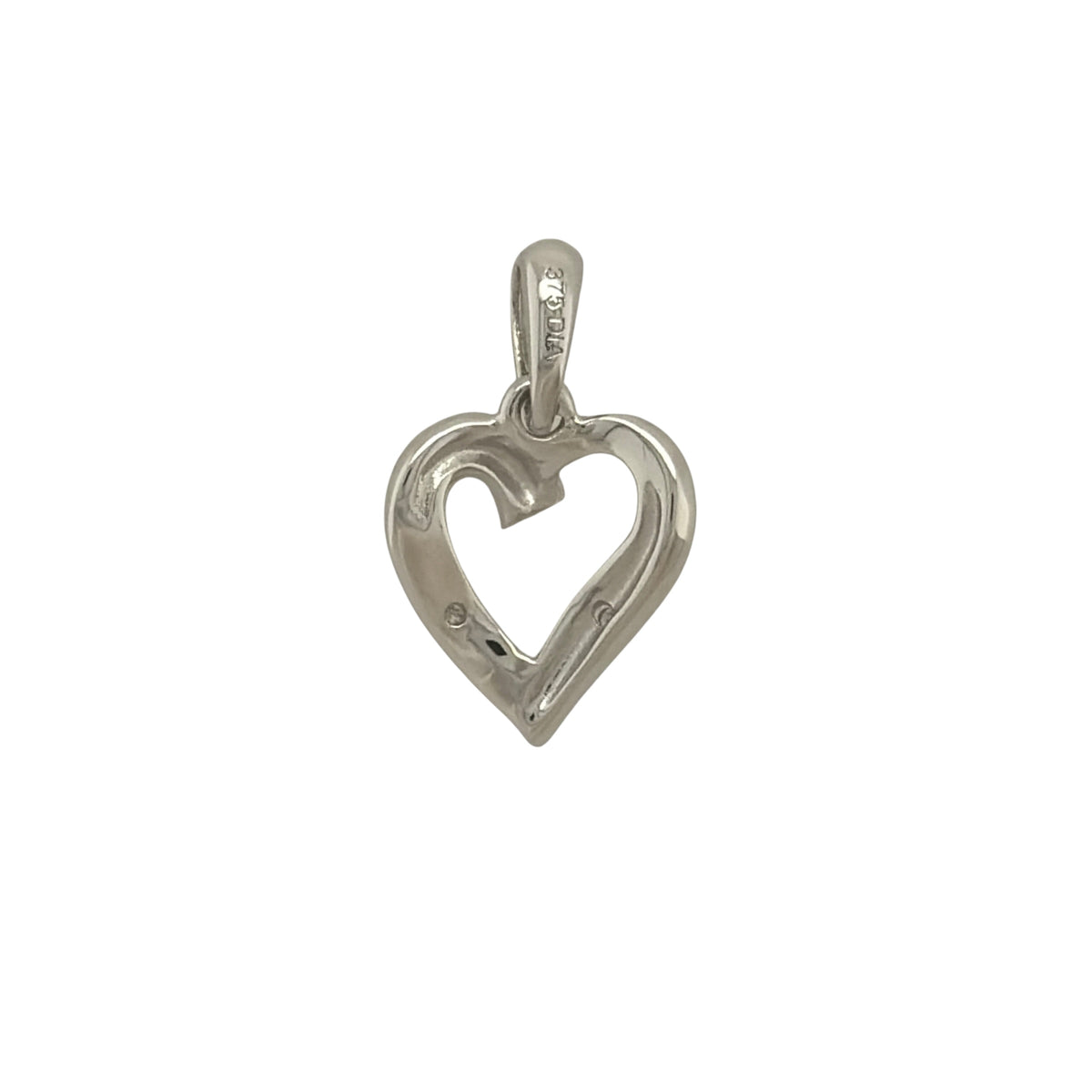 New 9ct White Gold & Diamond Heart Pendant with the weight 1.30 grams. The pendant is 15mm by 10mm including the bail. The pendant contains approximatley 0.01ct of diamond content in total with approximate clarity i2-13 and colour H - I