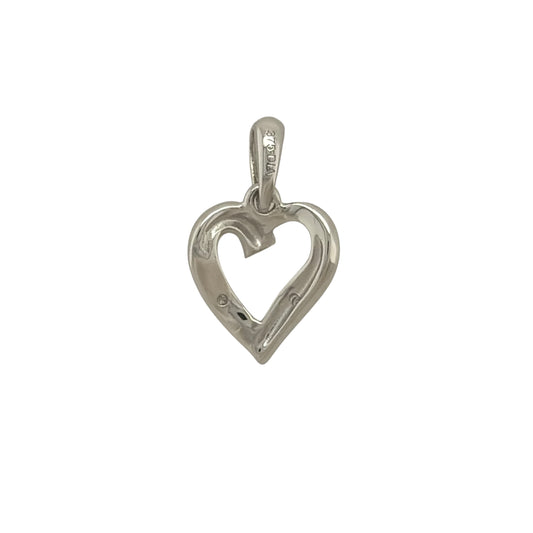 New 9ct White Gold & Diamond Heart Pendant with the weight 1.30 grams. The pendant is 15mm by 10mm including the bail. The pendant contains approximatley 0.01ct of diamond content in total with approximate clarity i2-13 and colour H - I