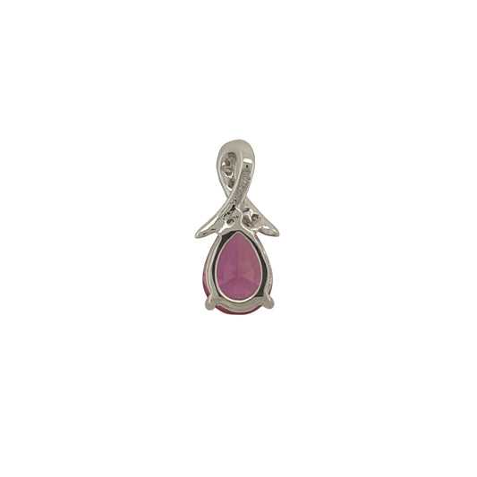 New 9ct White Gold Diamond & Created Pink Sapphire Pendant with the weight 1.20 grams. The pendant is 13mm by 6mm including the bail. The pendant contains approximatley 0.02ct of diamond content in total with approximate clarity i2-13 and colour H - I. The created pink sapphire teardrop stone is 7mm by 5mm