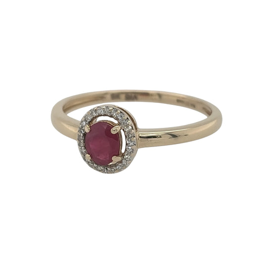 This pre-owned 9ct yellow gold diamond and ruby halo ring is a classic gemstone design, featuring an oval ruby centre stone surrounded by diamond detailing.
Design: Featuring a traditional halo design, this ring showcases an oval ruby as the centrepiece, surrounded by diamonds and finished in warm 9ct yellow gold.
Material: Made from 9-carat yellow gold.
Gemstone Detail: Set with an oval ruby measuring approximately 5mm by 4mm, surrounded by diamond detailing.