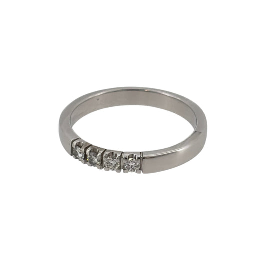 This pre-owned 14ct white gold diamond four stone band ring is a classic design, featuring four diamonds set across the front of the band.
Design: Featuring a four stone diamond design, this ring has a simple band profile finished in polished 14ct white gold.
Material: Made from 14-carat white gold.
Gemstone Detail: Set with four diamonds across the front of the ring.
Ring Detail: The front of the band measures approximately 3mm wide.
Size & Weight: Ring size M. Total weight 3.30 grams.