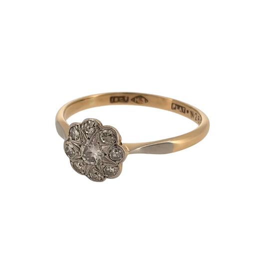 Add timeless diamond styling to your jewellery collection with this pre-owned 18ct yellow gold and platinum diamond flower cluster ring, featuring a classic floral-inspired arrangement with an elegant vintage feel.
Design: The ring features a traditional flower cluster design, with diamonds arranged to create a floral-inspired shape and an eye-catching focal point on the finger.