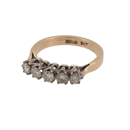 Add classic diamond detail to your jewellery collection with this pre-owned 9ct yellow gold five-stone diamond band ring, featuring approximately 0.50ct of diamonds in total.
Design: The ring features a traditional five-stone design, with five diamonds set across the front of the band for an elegant and balanced appearance.
Material: Made from 9-carat yellow gold, the warm gold tone provides a classic setting for the row of diamonds.