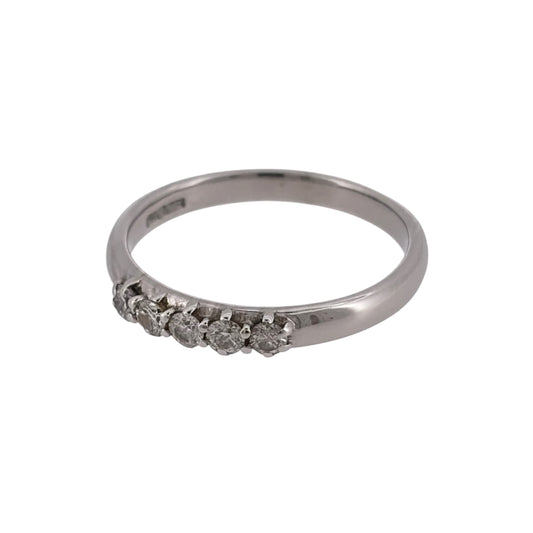 Add classic diamond detail to your jewellery collection with this pre-owned 9ct white gold five-stone band ring, featuring approximately 0.30ct of diamonds in total.
Design: The ring features a traditional five-stone design, with five diamonds set across the front of the band for an elegant and balanced appearance.
Material: Made from 9-carat white gold, the bright white finish complements the diamonds and gives the ring a timeless appearance.