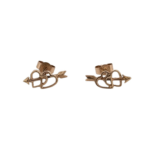 Add a charming touch to your jewellery collection with these pre-owned 9ct gold double arrow through heart stud earrings, featuring a delicate and meaningful design.
Design: The earrings feature a heart motif with two arrows passing through it, creating a romantic and decorative appearance.
Material: Made from 9ct gold, offering a classic gold finish.
Earring Detail: The face of each stud measures approximately 12mm by 5mm, creating a delicate yet distinctive appearance when worn.