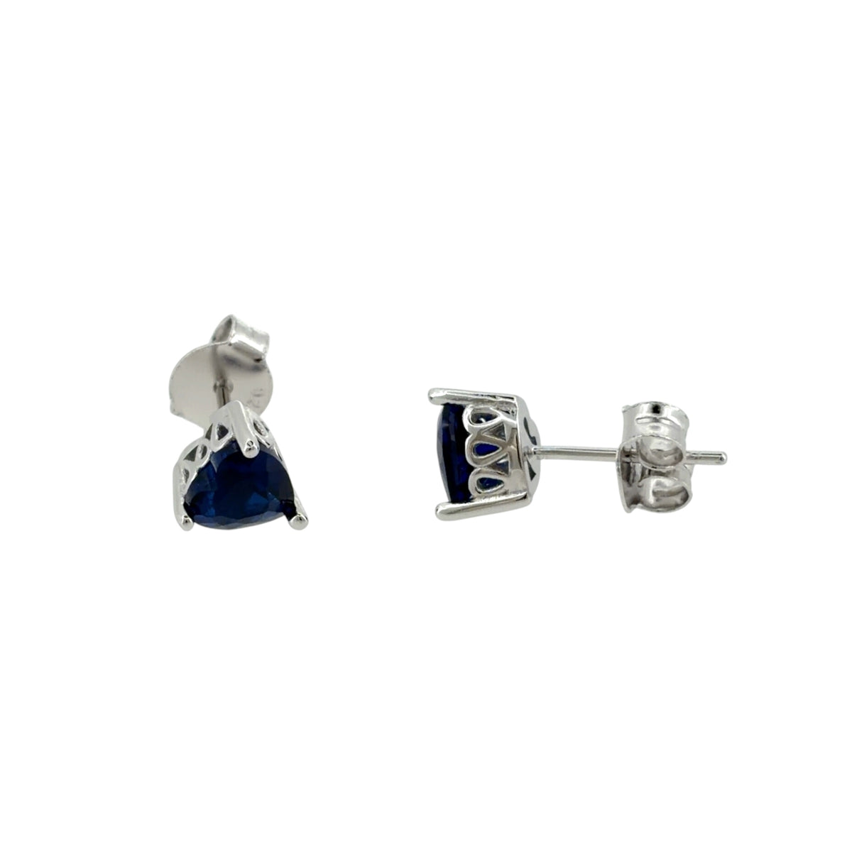 New 925 Silver & Blue Stone Heart Stud Earrings with the weight 1.80 grams and the stones are 6mm by 6mm