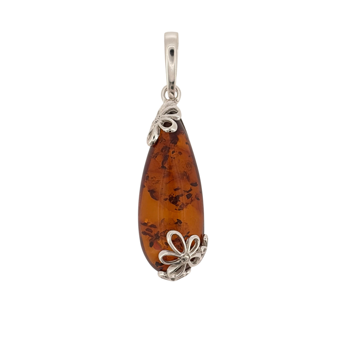 925 Silver & Amber Teardrop Flower Pendant
