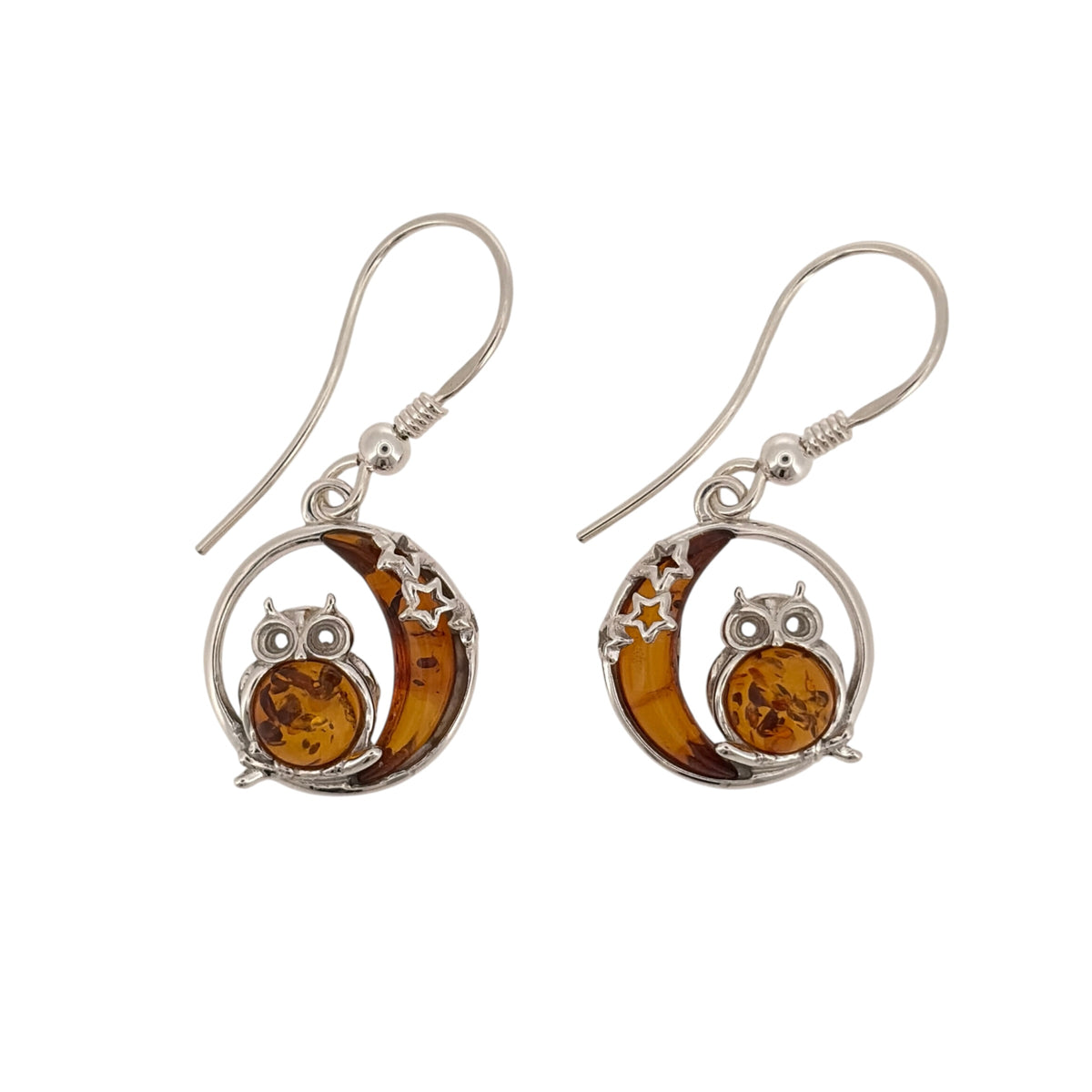 New 925 Silver & Amber Owl Moon Drop Earrings with the weight 4.10 grams