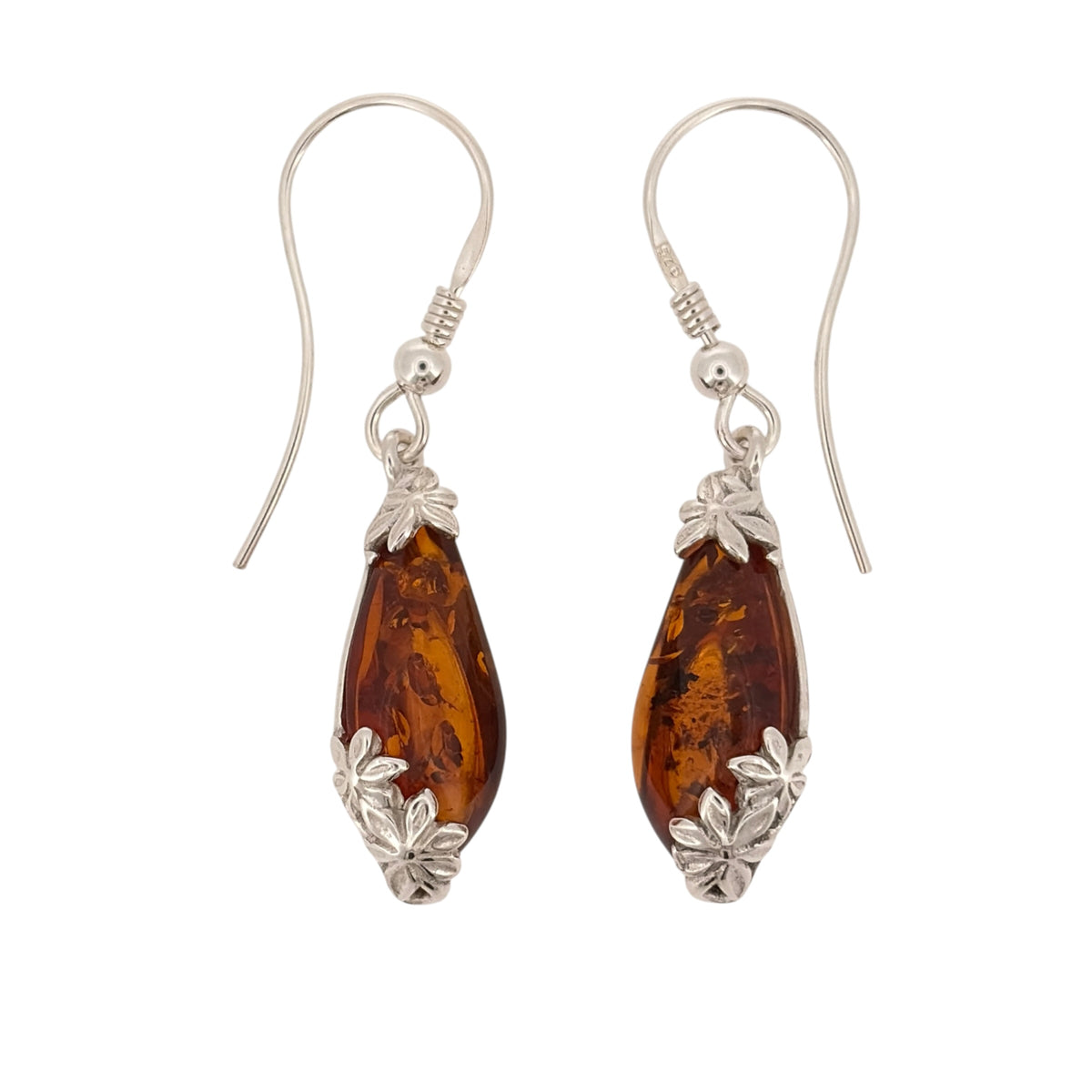 New 925 Silver & Amber Teardrop Flower Drop Earrings with the weight 3.90 grams