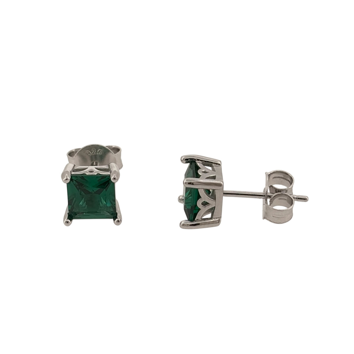 New 925 Silver & Green emerald coloured Stone Square Stud Earrings with the weight 2 grams and the stones are 6mm by 6mm