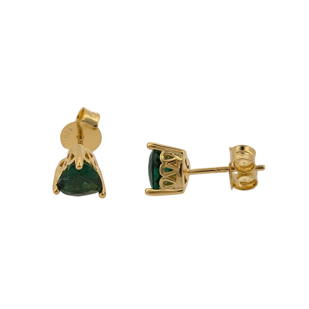 New 925 Silver Gold Plated & Green emerald coloured Stone Heart Stud Earrings and the stones are each 6mm by 7mm