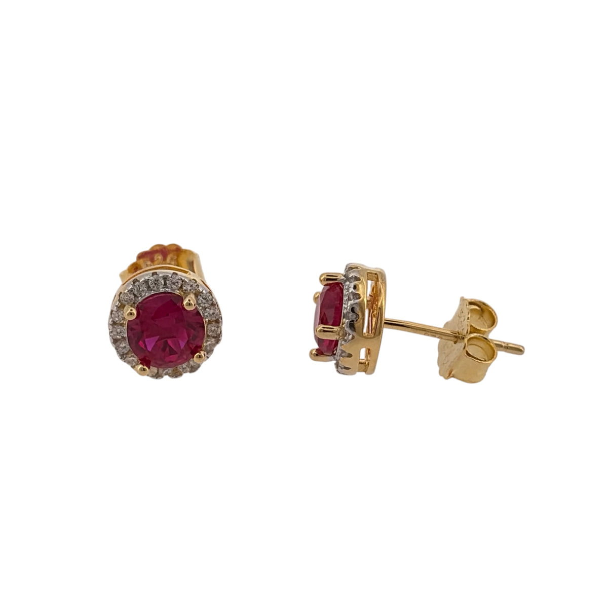 New 925 Silver Gold Plated Pink/Red ruby coloured Stone & Cubic Zirconia round Halo Stud Earrings and the center stones are each 6mm diameter