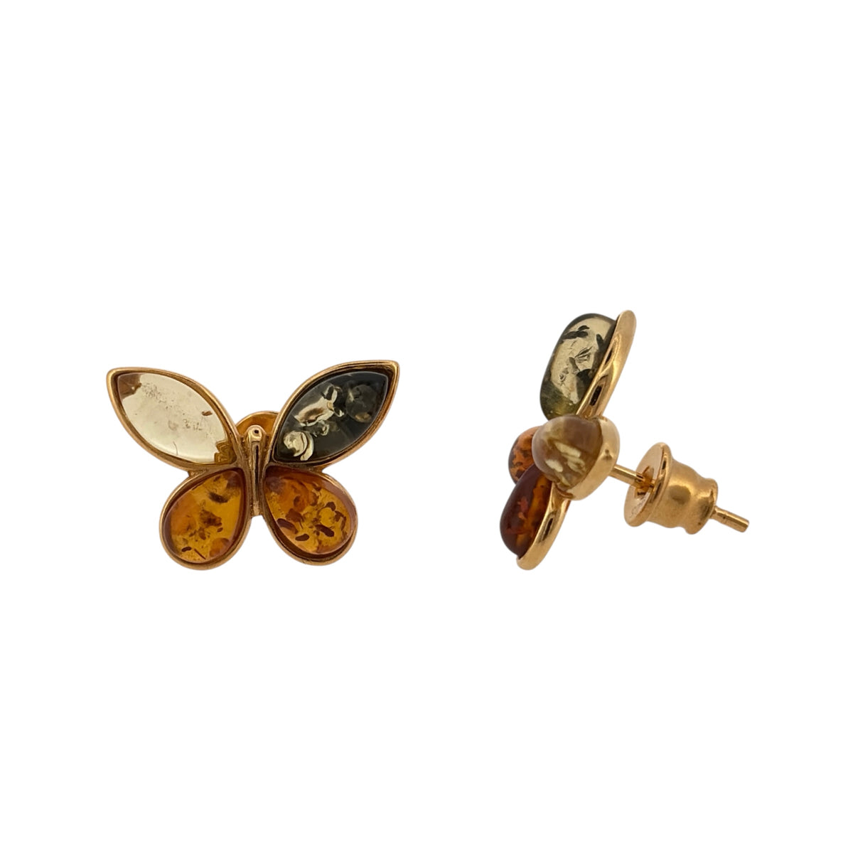 New 925 Silver Gold Plated & Amber Butterfly Stud Earrings and the earrings are each 17mm by 13mm