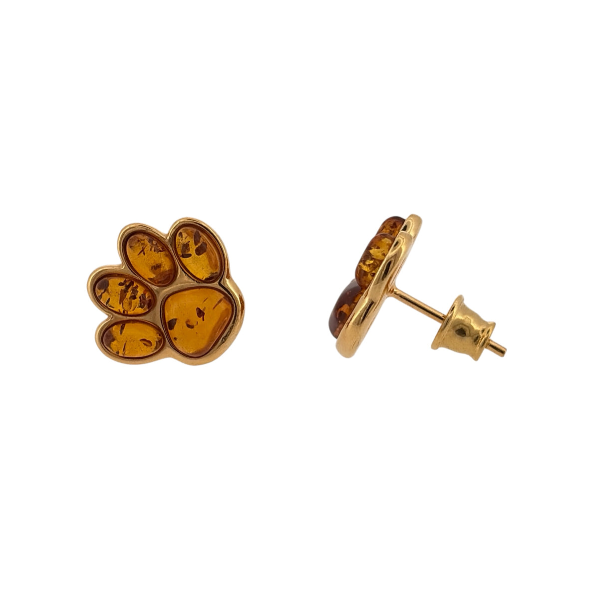 New 925 Silver Gold Plated & Amber Paw Print Stud Earrings and the earrings are each 13mm by 14mm