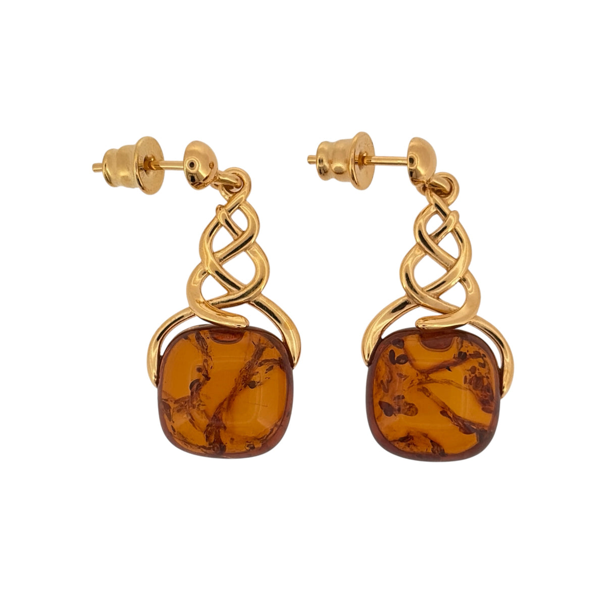 New 925 Silver Gold Plated & Amber Square stone Celtic Drop Earrings and the earrings are each 3.2cm long
