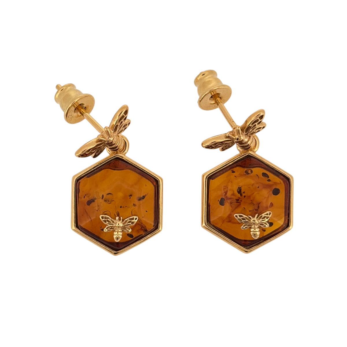 925 Silver Gold Plated & Amber Honeycomb Bee Drop Earrings