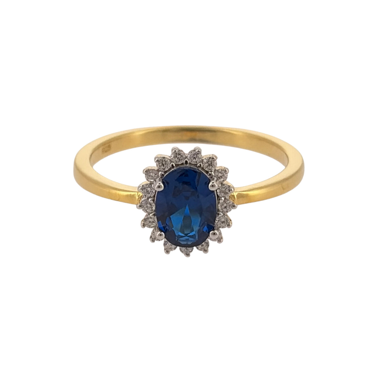 New 925 Silver Gold Plated Blue sapphire coloured Stone & Cubic Zirconia Cluster Ring and the center stone is 7mm by 5mm