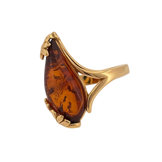 New 925 Silver Gold Plated & Amber Teardrop Flower Ring and the stone is 18mm by 9mm