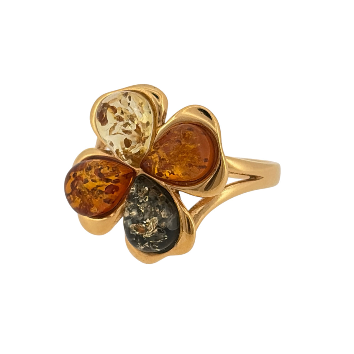 New 925 Silver Gold Plated & Amber Four Leaf Clover Ring and the front of the ring is 19mm high