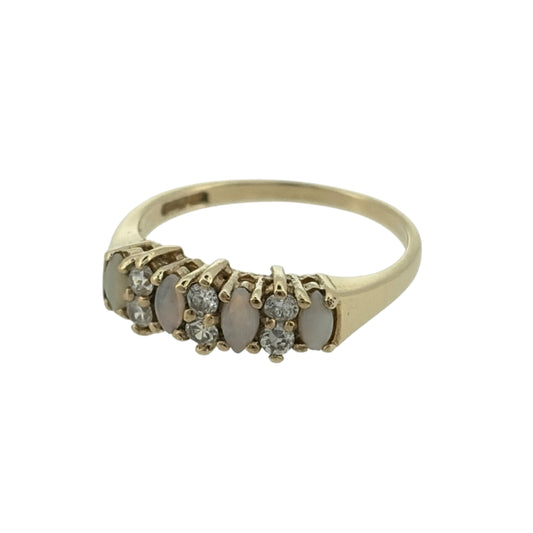 Add a delicate touch of colour to your jewellery collection with this pre-owned 9ct yellow gold opalique and cubic zirconia band ring, featuring marquise-shaped opalique stones complemented by round cubic zirconia detailing.
Design: The ring features a decorative band design, with marquise-shaped opalique stones arranged across the front and round cubic zirconia stones set between them, creating an elegant and attractive appearance.