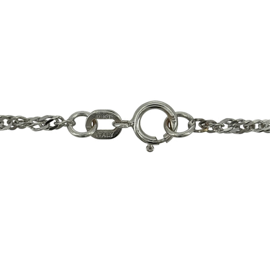 Add an elegant and versatile piece to your jewellery collection with this pre-owned 9ct white gold Singapore chain, featuring a delicate twisted link design and a classic white gold finish.
Design: The chain features a traditional Singapore link pattern, with twisted links creating an attractive and elegant appearance.
Material: Made from 9ct white gold, offering a classic bright white gold finish.