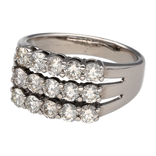 Make a striking statement with this pre-owned 18ct white gold diamond three-row wide band ring, featuring fifteen brilliant-cut diamonds in a bold and luxurious design.
Design: The ring showcases fifteen brilliant-cut diamonds arranged across three elegant rows, creating an impressive display of sparkle and sophistication.