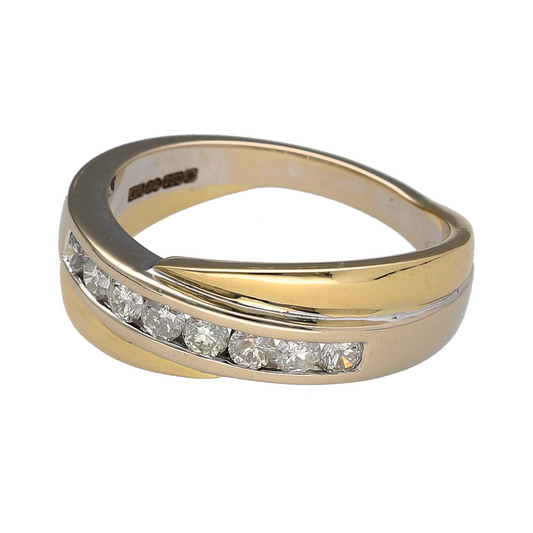 Add a substantial two-tone diamond piece to your jewellery collection with this pre-owned 18ct yellow and white gold diamond crossover band ring, featuring approximately 0.50ct of diamond content.
Design: The ring features a crossover band design, combining yellow and white gold sections with diamond detailing across the front for a distinctive two-tone appearance.
Material: Made from 18-carat yellow and white gold, the contrasting gold tones highlight the crossover design and complement the diamonds.