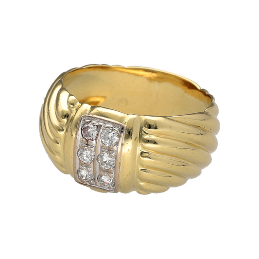 Preowned 18ct Yellow and White Gold & Diamond Set Wide Band Ring in size N with the weight 7.50 grams. The band is 11mm wide at the front and the band contains is approximately 18pt of diamond content
