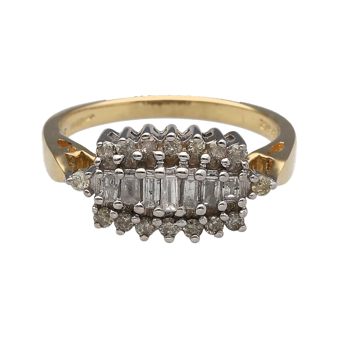 9ct Gold & Diamond Set Long Style Cluster Ring