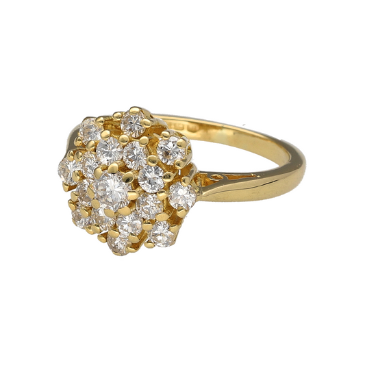 Radiant and luxurious, this pre-owned 18ct yellow gold diamond cluster ring showcases brilliant sparkle and timeless elegance—perfect for special occasions or lasting everyday luxury.
Design: The ring features a 13mm high front arranged in a classic cluster setting, with multiple diamonds combining for maximum brilliance and a striking presence.
Material: Made from 18-carat yellow gold, the polished finish enhances the brilliance of the diamonds with rich warmth and sophistication.