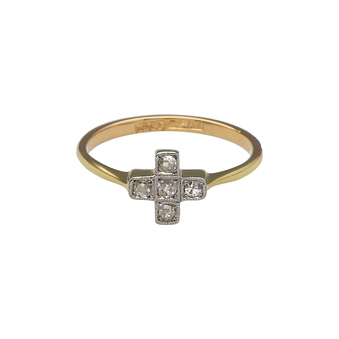 18ct Gold & Platinum Diamond Set Art Deco Style Cross Ring
