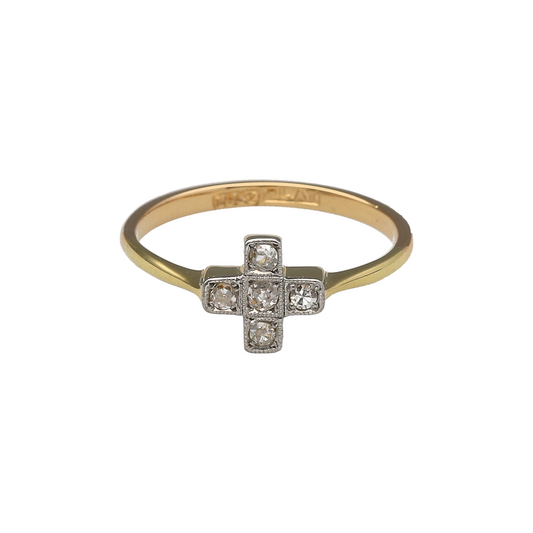 18ct Gold & Platinum Diamond Set Art Deco Style Cross Ring