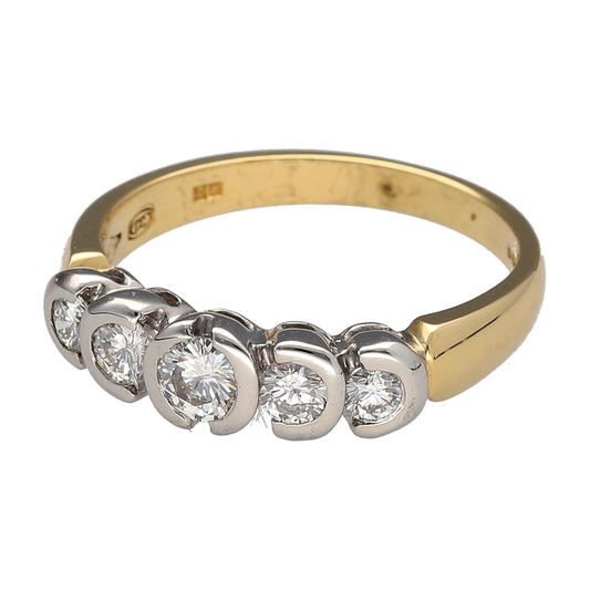 Bring refined sparkle and timeless design to your collection with this pre-owned 18ct yellow and white gold diamond five stone ring, offering classic elegance with a modern rubover setting—perfect for special occasions or everyday sophistication.
Design: The ring features five round diamonds in secure rubover settings, with a total diamond weight of approximately 0.50ct, combining brilliance with a sleek and contemporary finish.