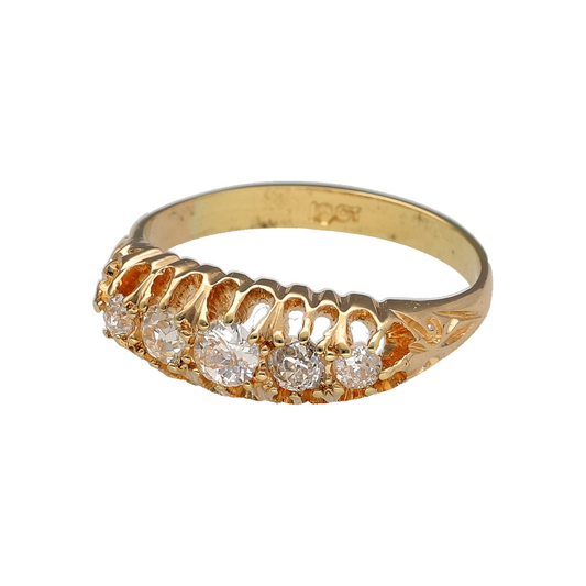 Bring vintage elegance to your collection with this pre-owned 18ct yellow gold Edwardian-style diamond band ring, a timeless design with refined sparkle.
Design: The ring features five diamonds set across the band, offering balanced brilliance with an antique-inspired look.
Material: Made in 18-carat yellow gold, the polished finish enhances the warmth of the gold and the radiance of the diamonds.