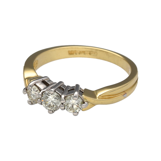 Bring timeless brilliance and classic style to your collection with this pre-owned 18ct yellow gold diamond trilogy ring—a beautifully elegant design that symbolises the past, present, and future.
Design: The ring features three sparkling diamonds with a combined total diamond weight of approximately 0.50ct. The trio of stones is perfectly balanced, offering refined symmetry and graceful sparkle that catches the light beautifully.