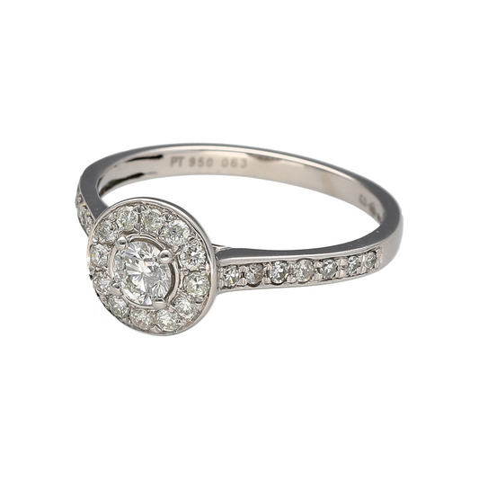 Bring brilliance and timeless luxury to your collection with this pre-owned platinum diamond set halo ring—a stunning piece that exudes sophistication and sparkle.
Design: The ring features a central diamond surrounded by a halo of smaller stones, with a total diamond content of approximately 0.63ct, creating a radiant display of light and elegance.
Material: Made from platinum, the naturally white metal enhances the diamonds’ brilliance while offering exceptional durability and a luxurious finish.
