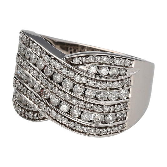Bring bold sophistication and exceptional sparkle to your jewellery collection with this pre-owned 18ct white gold & diamond set seven row crossover wide band ring, designed to make a striking statement.
Design: The ring features an eye-catching seven row crossover design, with diamond-set bands weaving across the front to create depth, movement, and a luxurious layered effect.