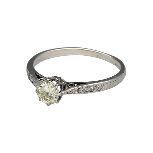 Add timeless elegance and classic sophistication to your jewellery collection with this pre-owned 18ct white gold and platinum diamond solitaire ring, offering refined sparkle and enduring appeal.
Design: This solitaire ring features a single diamond measuring approximately 0.50ct, creating a striking focal point with classic simplicity. The diamond has an estimated colour range of K–M, giving it a warm, traditional brilliance.