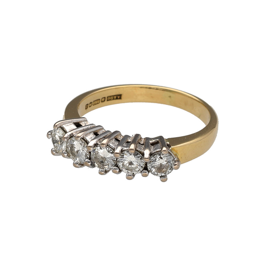 Celebrate timeless elegance with this pre-owned 18ct yellow gold diamond set five stone band ring—an exquisite design perfect for anniversaries, milestone moments or refined everyday wear.
Design: The ring features five beautifully matched diamonds arranged in a classic row across the front, creating balanced sparkle and a sophisticated silhouette. The traditional five stone layout offers enduring appeal and meaningful symbolism, often representing love and lasting commitment.