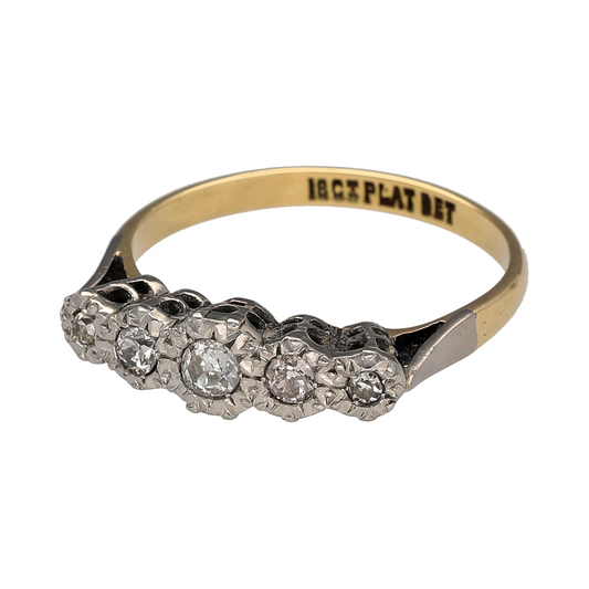 Add timeless sparkle and classic elegance to your jewellery collection with this pre-owned 18ct yellow gold and platinum diamond five stone band ring, featuring a traditional design with enduring appeal—perfect for anniversaries, special occasions, or sophisticated everyday wear.
Design: The ring showcases five sparkling diamonds arranged across the front of the band, creating a beautifully balanced display of brilliance and timeless style.